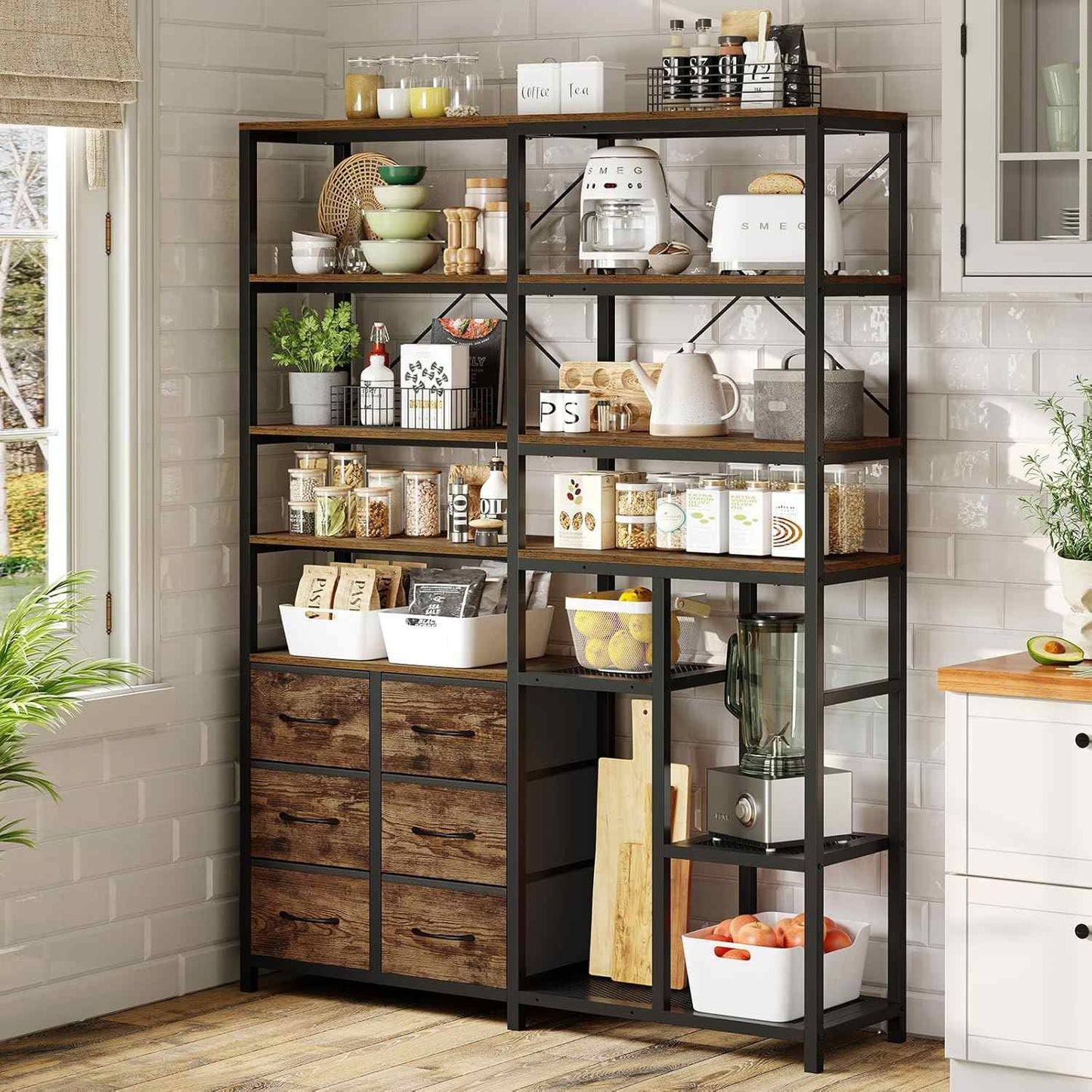 7-Tier Industrial Convertible Bookshelf with 6 Fabric Drawers Rustic Brown