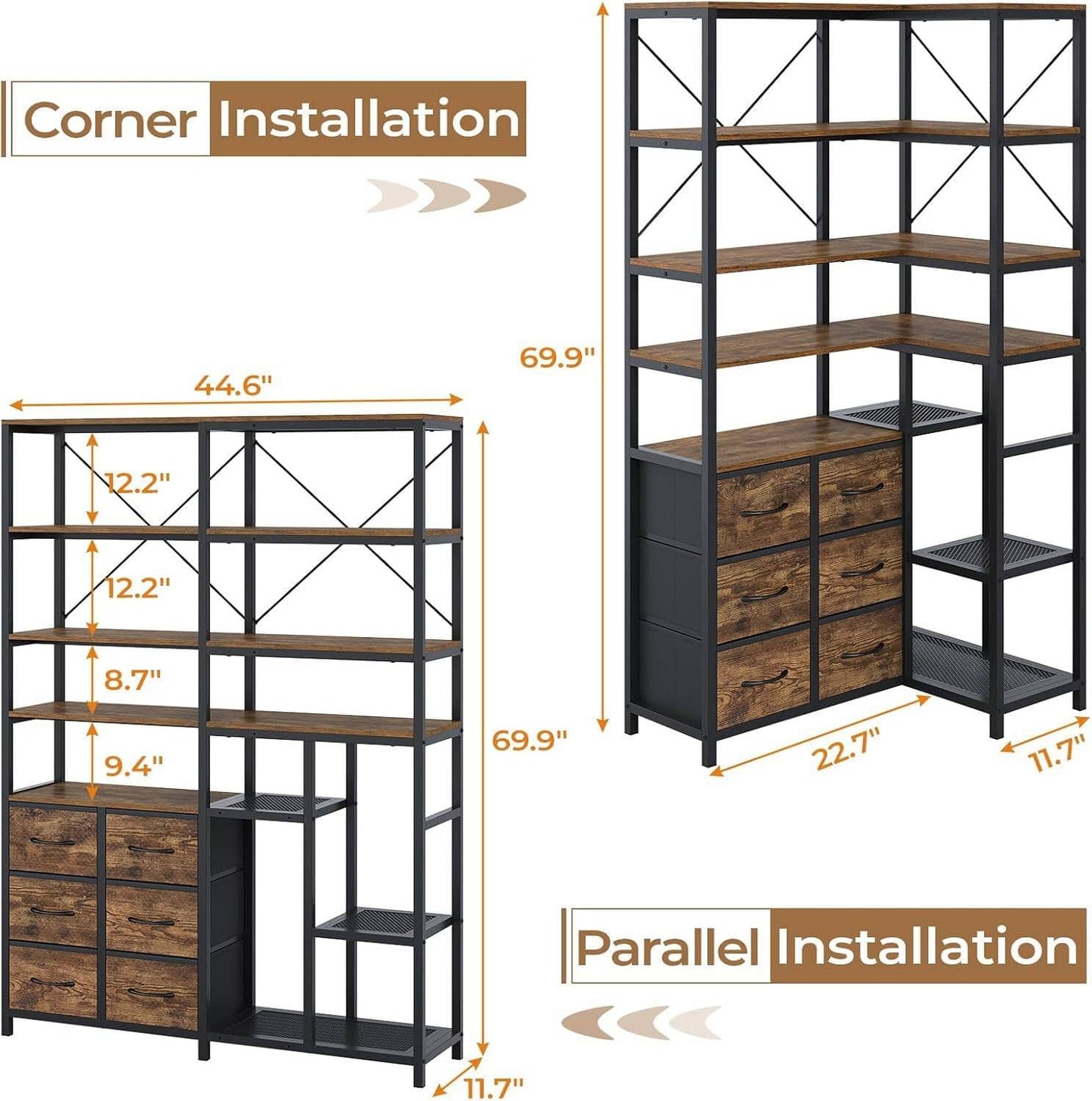 7-Tier Industrial Convertible Bookshelf with 6 Fabric Drawers Rustic Brown