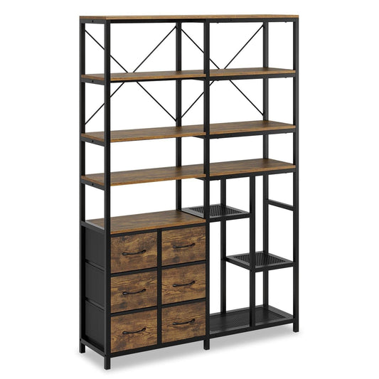 7-Tier Industrial Convertible Bookshelf with 6 Fabric Drawers Rustic Brown