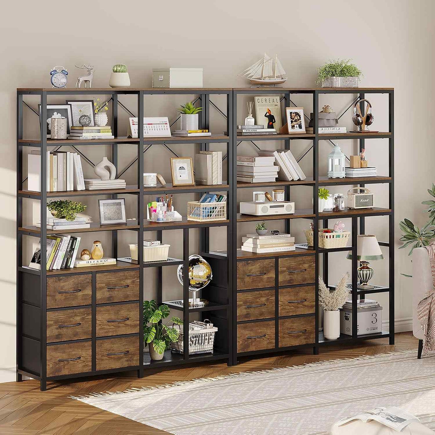 7-Tier Industrial Convertible Bookshelf with 6 Fabric Drawers Rustic Brown