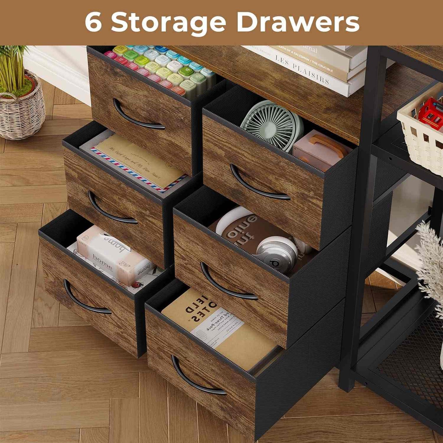 7-Tier Industrial Convertible Bookshelf with 6 Fabric Drawers Rustic Brown