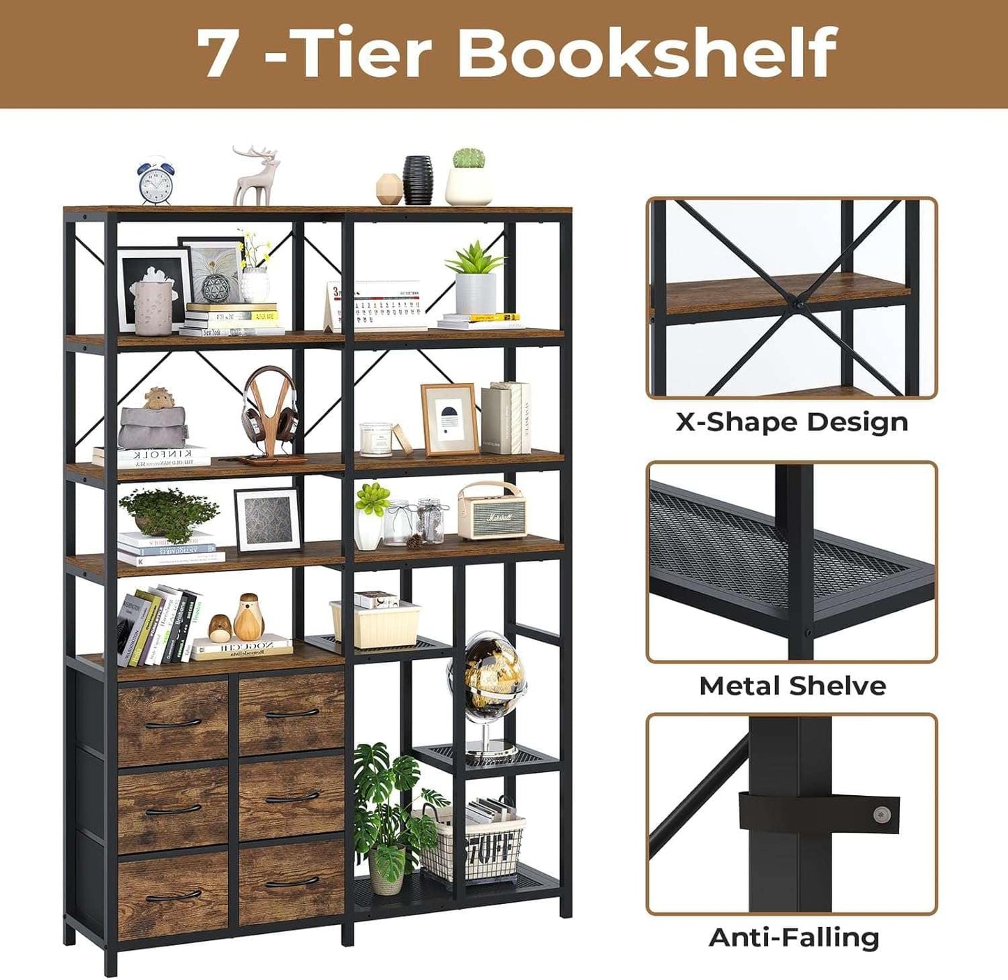 7-Tier Industrial Convertible Bookshelf with 6 Fabric Drawers Rustic Brown