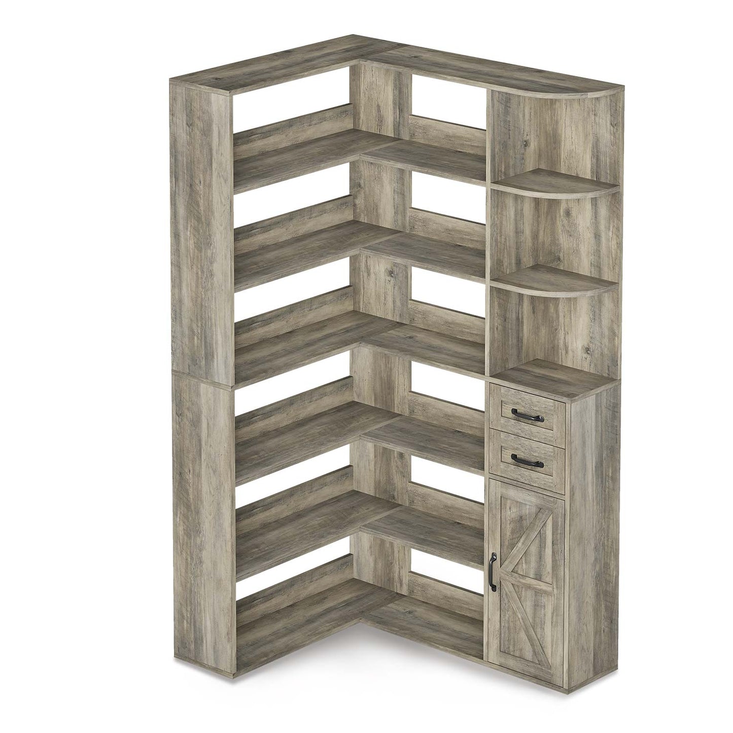 71 Inches L-Shaped 7-Shelf Farmhouse Corner Bookshelf Grey