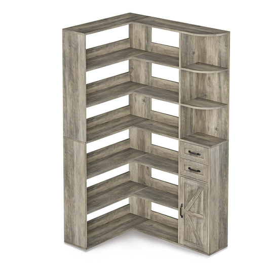 71 Inches L-Shaped 7-Shelf Farmhouse Corner Bookshelf Grey