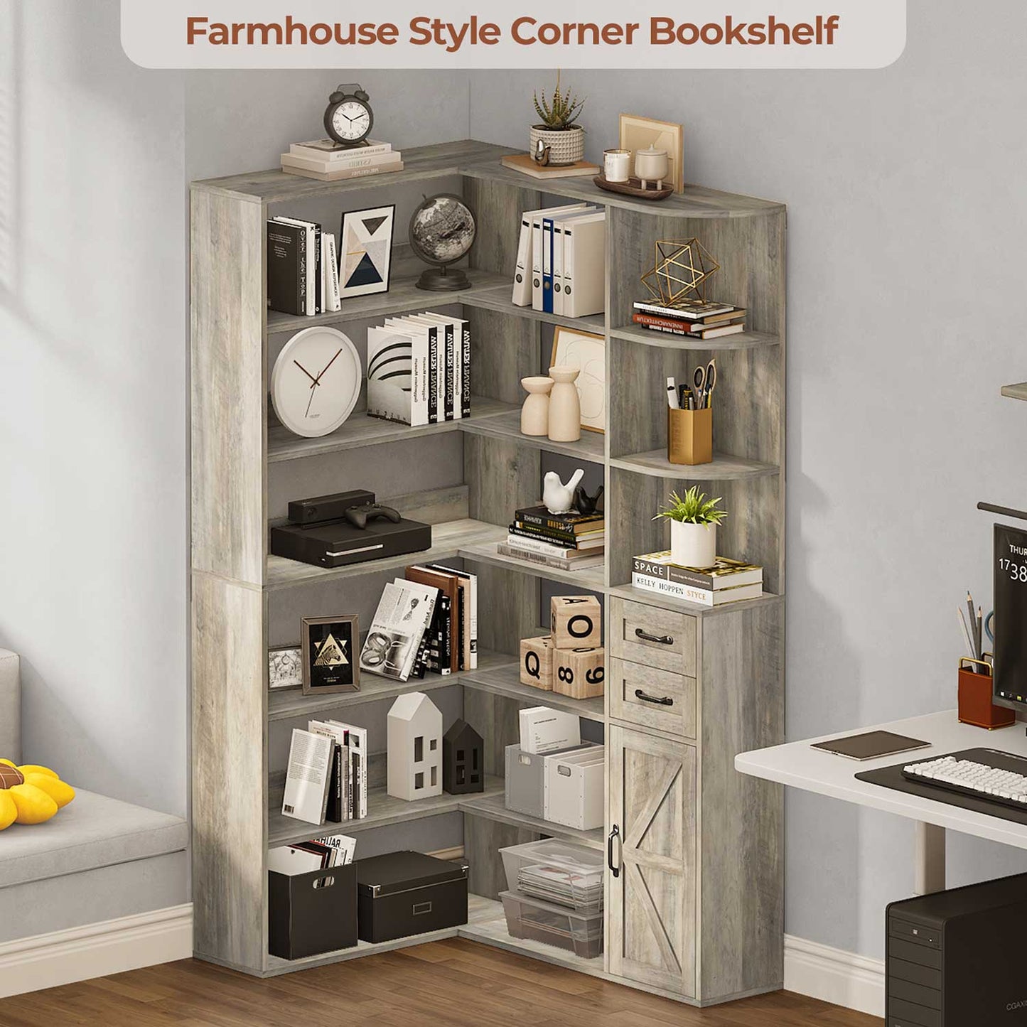 71 Inches L-Shaped 7-Shelf Farmhouse Corner Bookshelf Grey