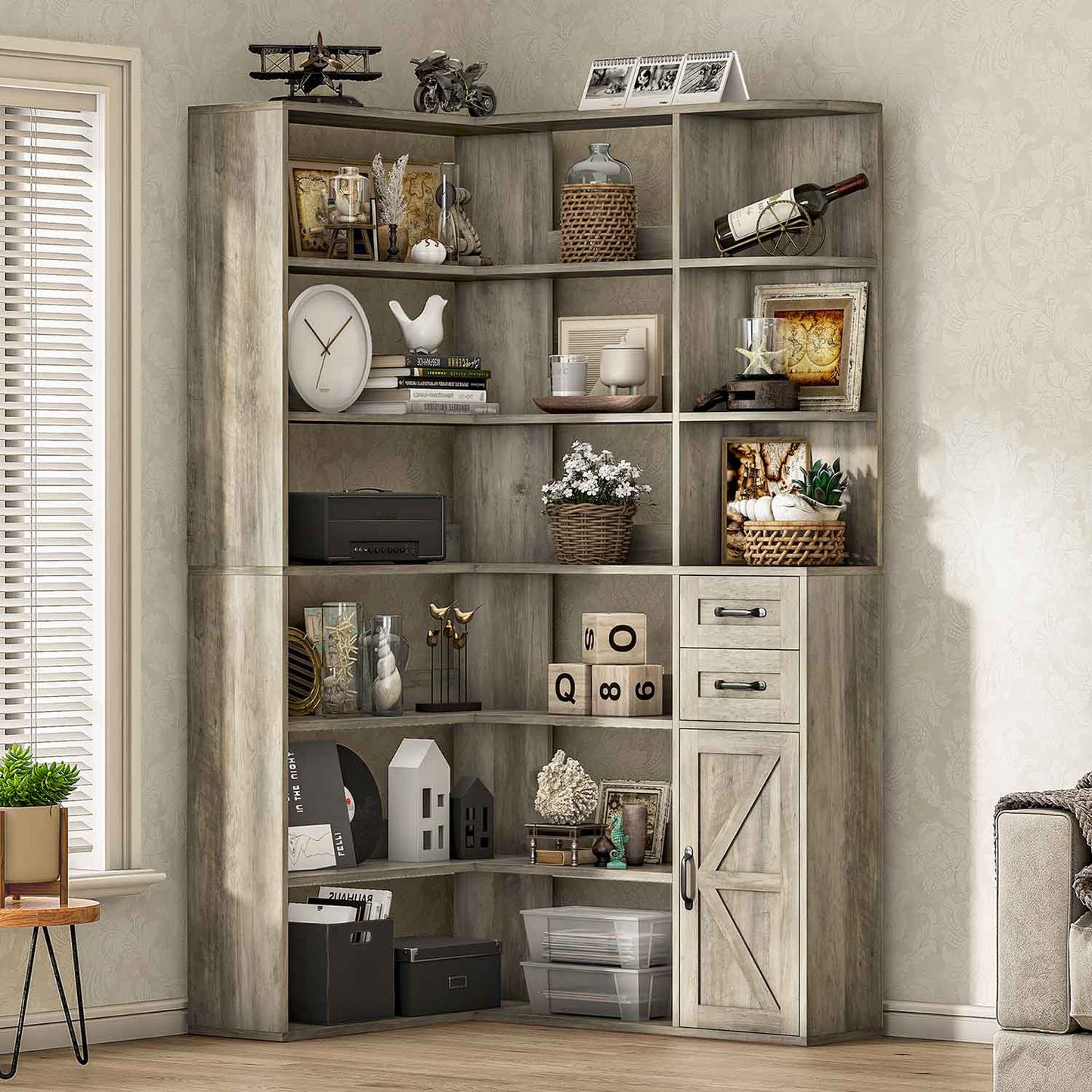 71 Inches L-Shaped 7-Shelf Farmhouse Corner Bookshelf Grey
