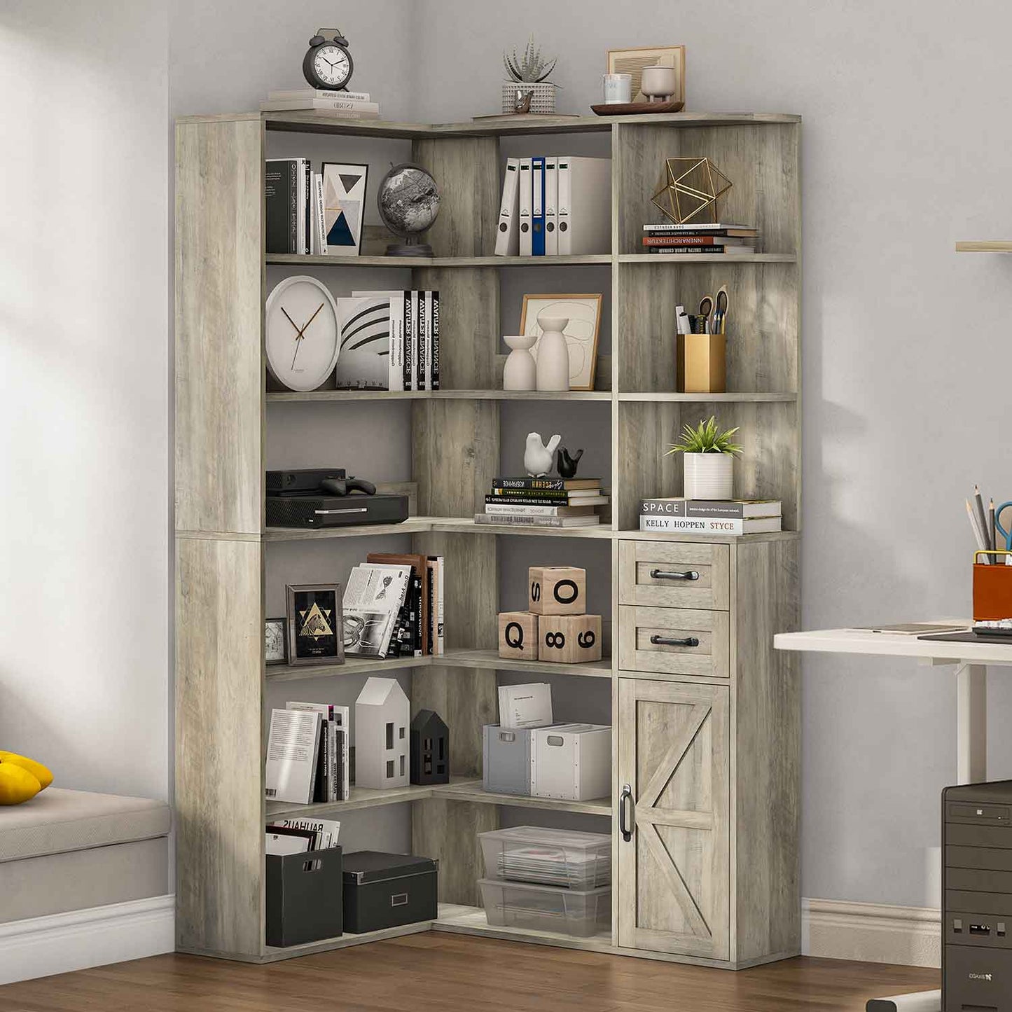 71 Inches L-Shaped 7-Shelf Farmhouse Corner Bookshelf Grey
