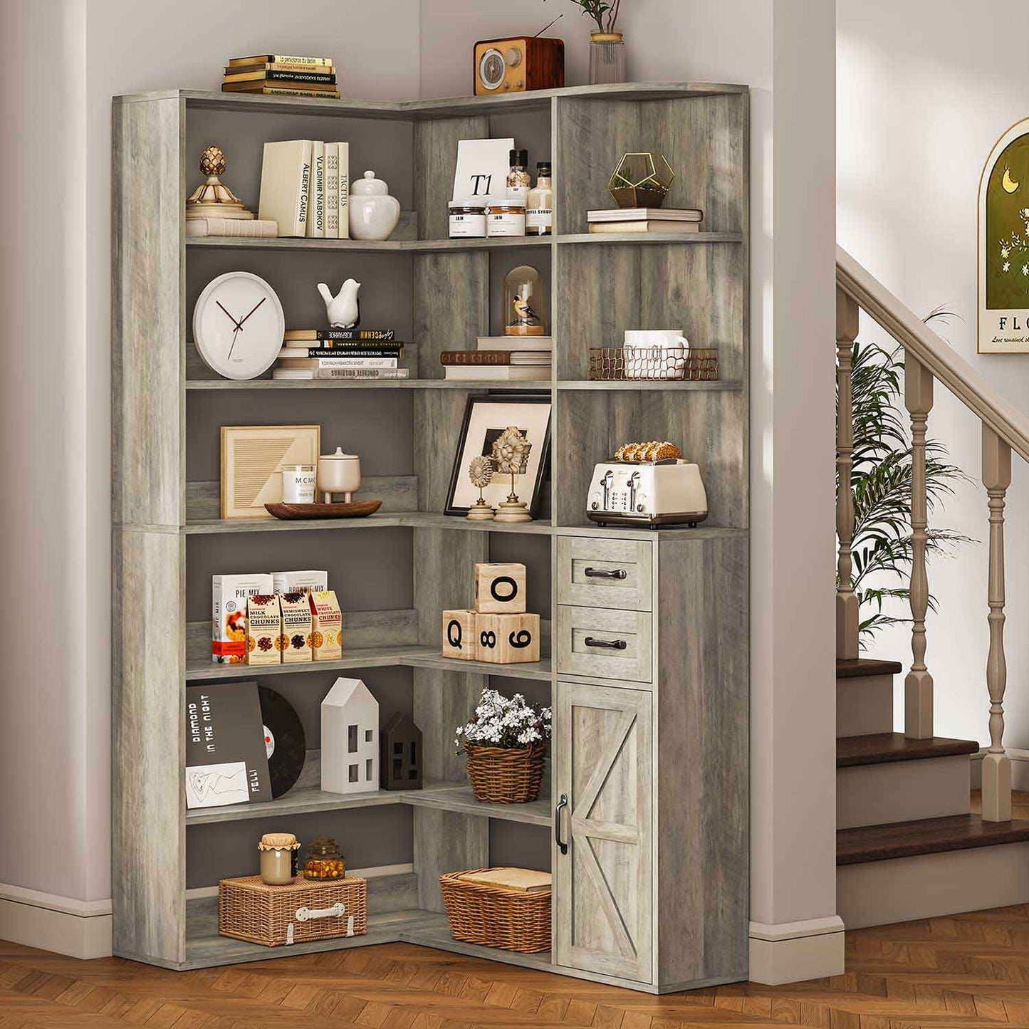 71 Inches L-Shaped 7-Shelf Farmhouse Corner Bookshelf Grey