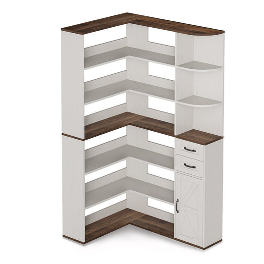 71 Inches L-Shaped 7-Shelf Farmhouse Corner Bookshelf White