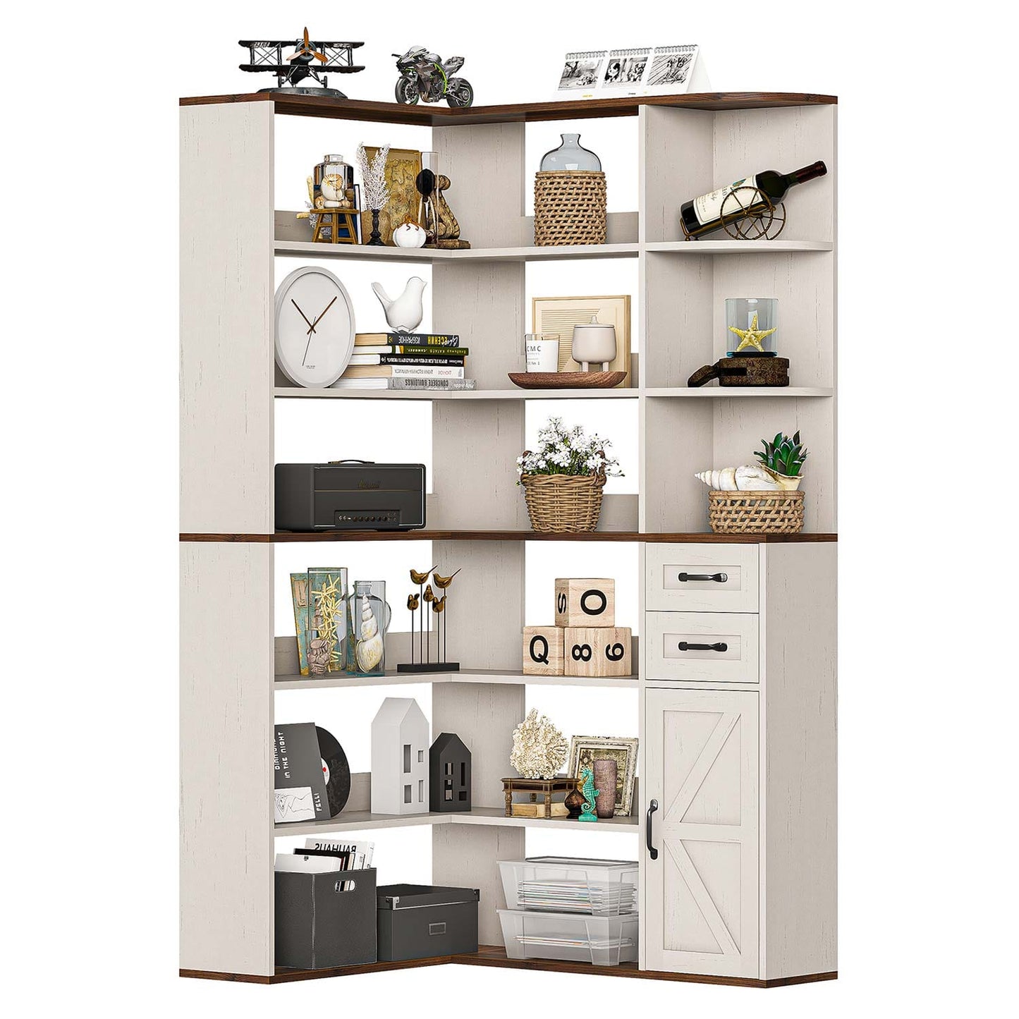 71 Inches L-Shaped 7-Shelf Farmhouse Corner Bookshelf White