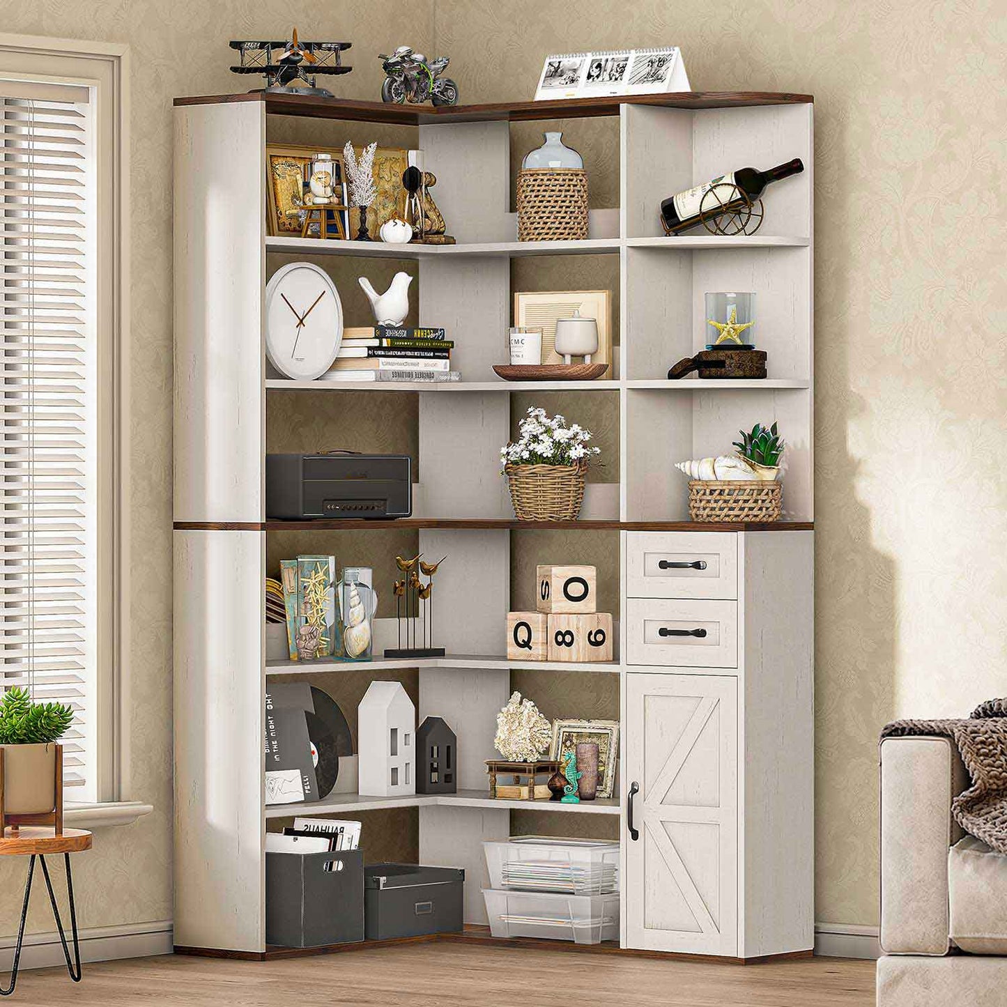 71 Inches L-Shaped 7-Shelf Farmhouse Corner Bookshelf White