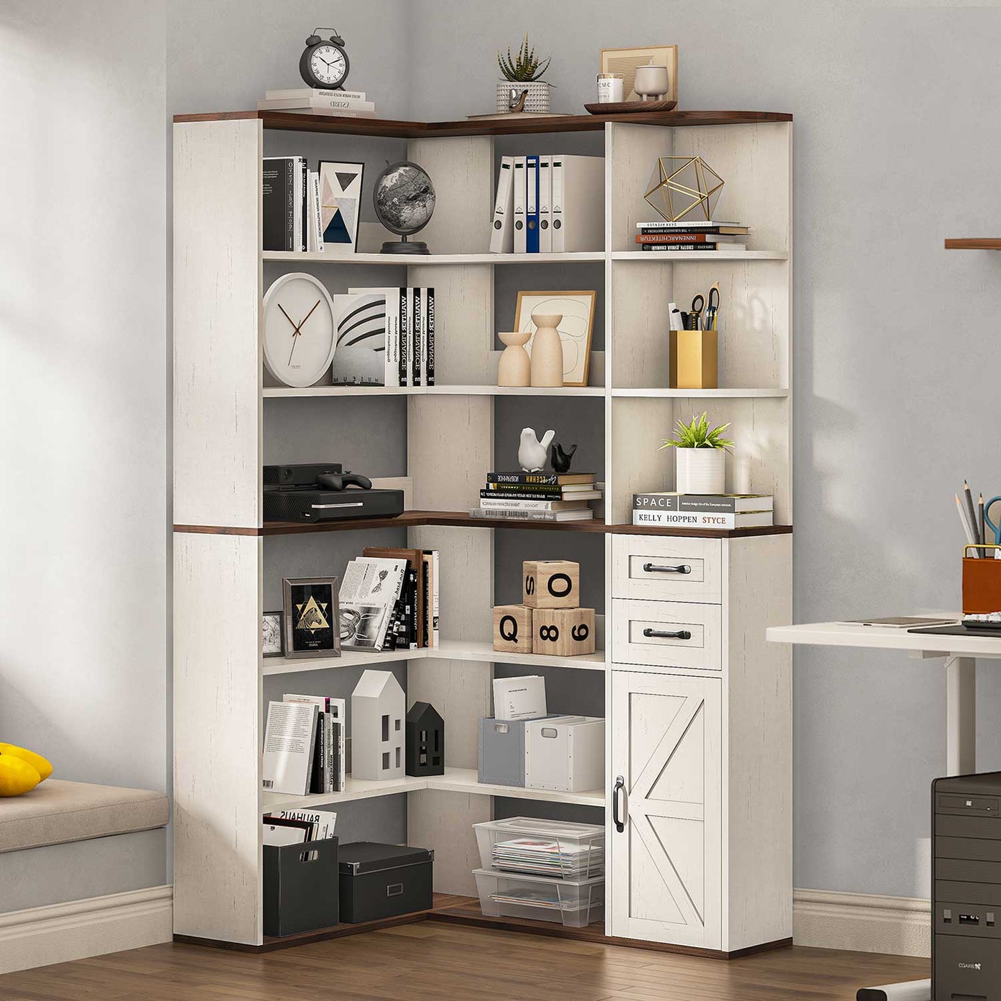 71 Inches L-Shaped 7-Shelf Farmhouse Corner Bookshelf White