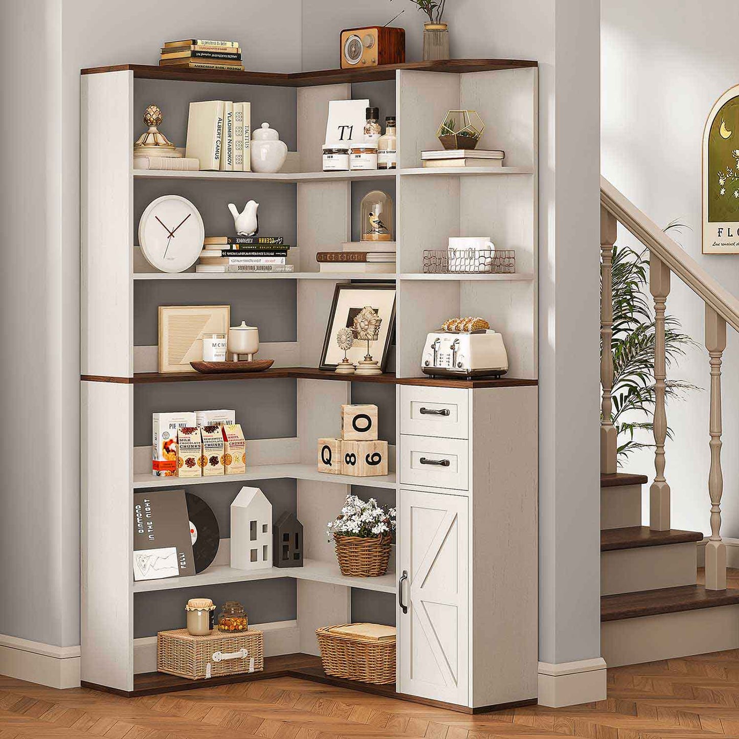 71 Inches L-Shaped 7-Shelf Farmhouse Corner Bookshelf White