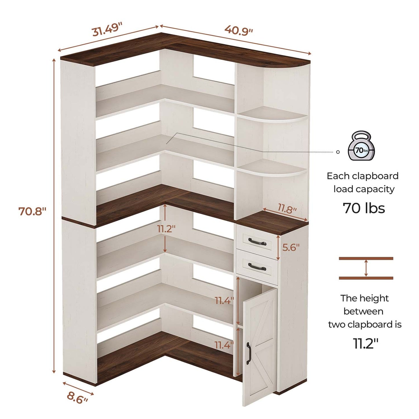 71 Inches L-Shaped 7-Shelf Farmhouse Corner Bookshelf White