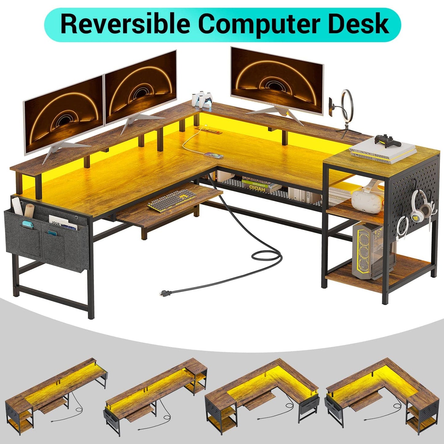 96 Inches L Shaped Reversible LED Gaming Desk Brown