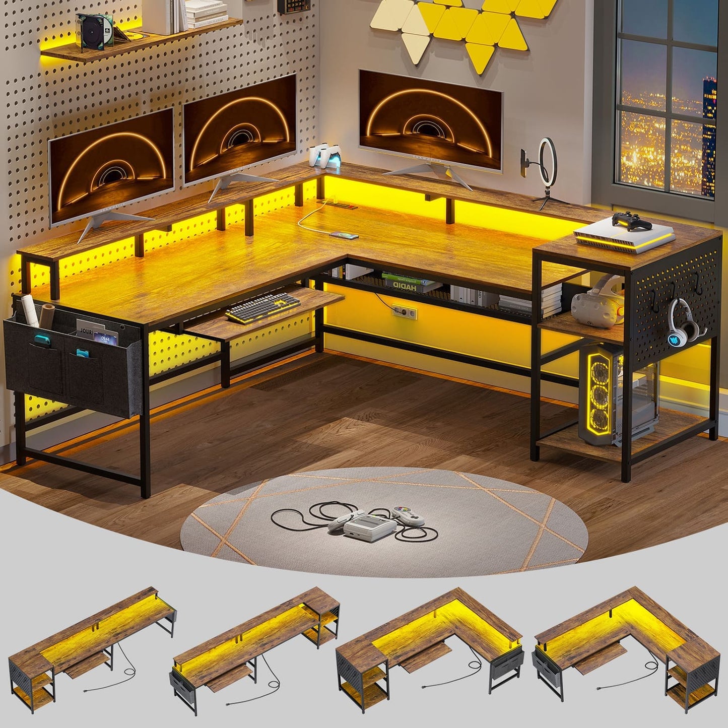 96 Inches L Shaped Reversible LED Gaming Desk Brown