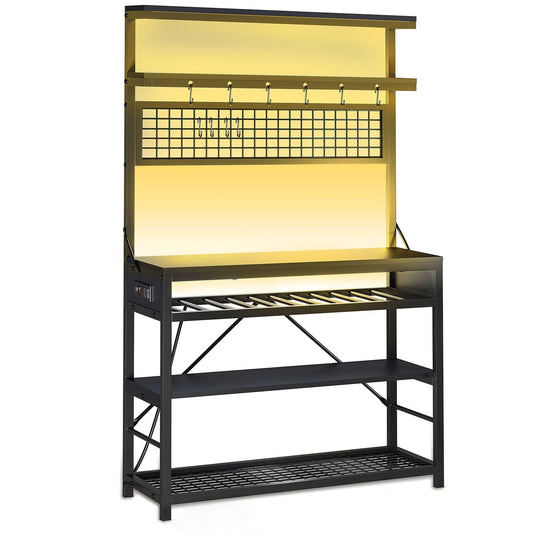 LED Coffee Bar with Power Outlet Open Storage Black
