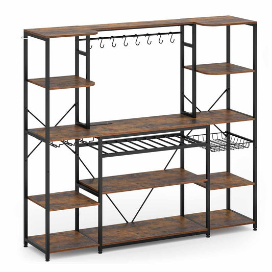 Coffee Bar with Power Outlet Storage Shelves Brown