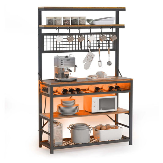 LED Coffee Bar with Power Outlet Open Storage Brown