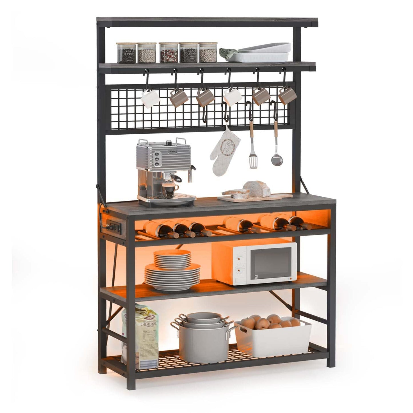 LED Coffee Bar with Power Outlet Open Storage Grey