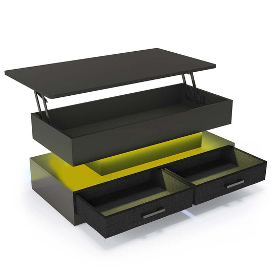40 Inches Lift Top Coffee Table with 2 Drawers and LED Lights Black