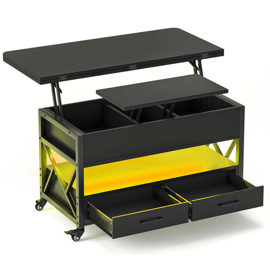40 Inches Lift Top 4 in 1 LED Coffee Table with 2 Drawers Black