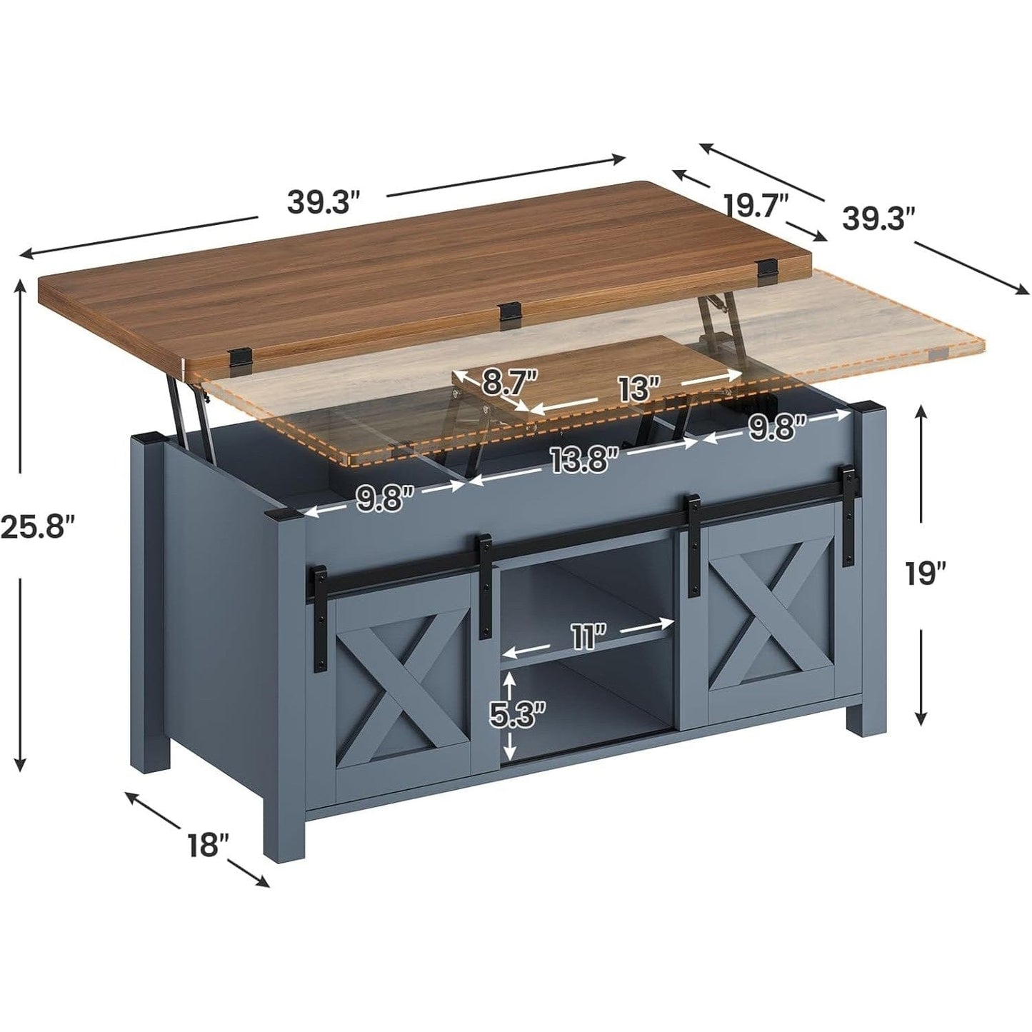 4 in 1 Multi-Function Lift Top Coffee Table with Storage and Hidden Compartment Blue