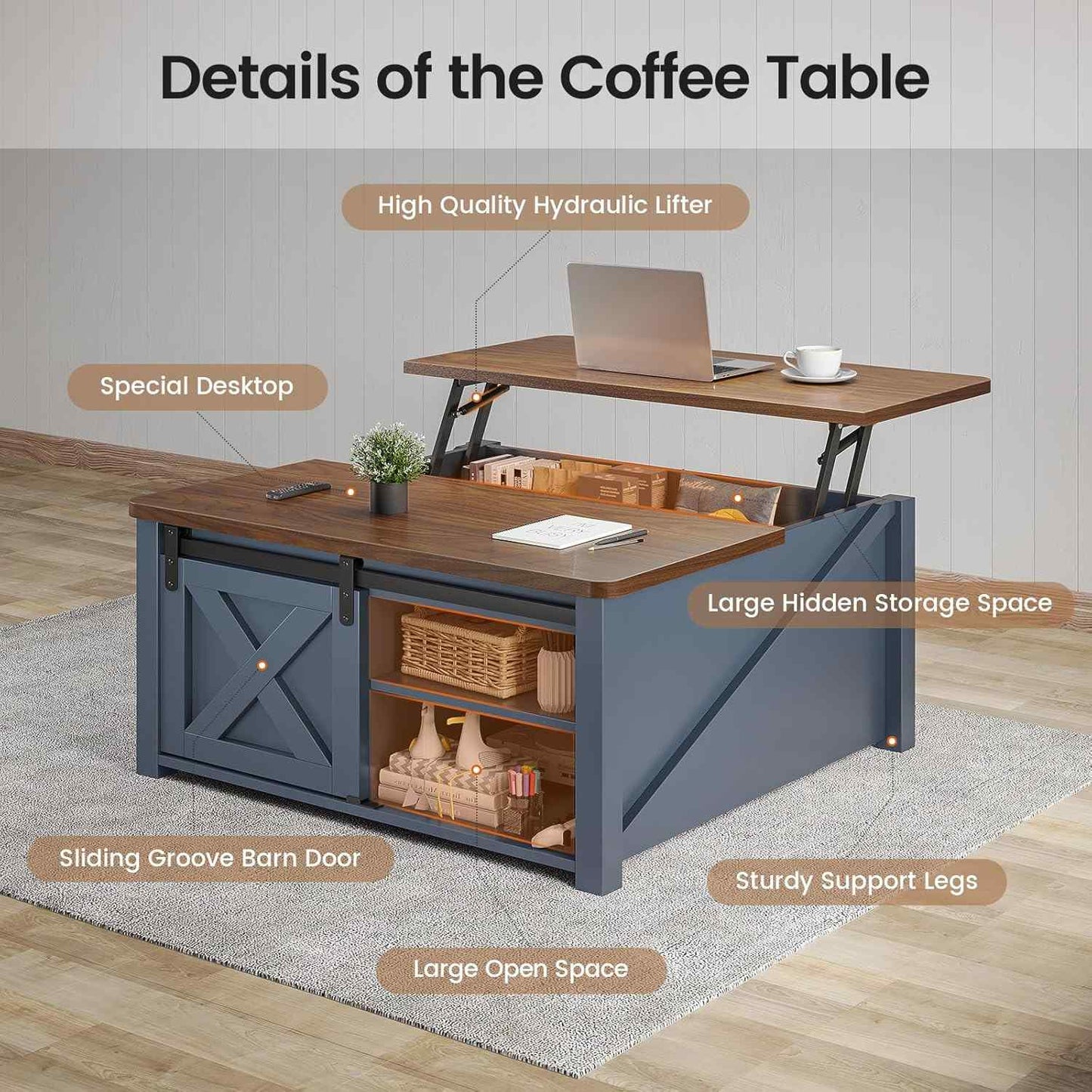 31.5 Inches Lift Top Coffee Table with Hidden Storage Blue