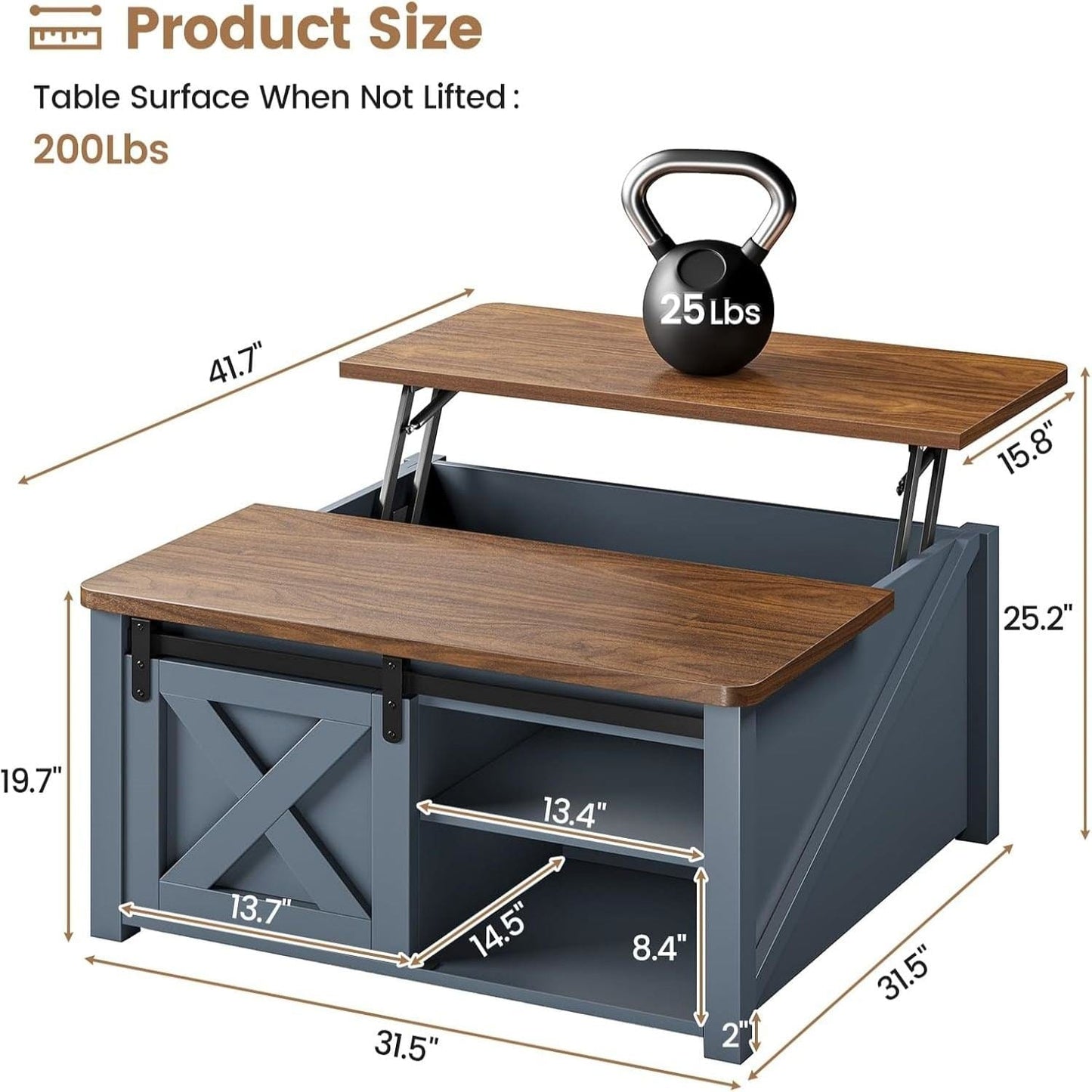 31.5 Inches Lift Top Coffee Table with Hidden Storage Blue
