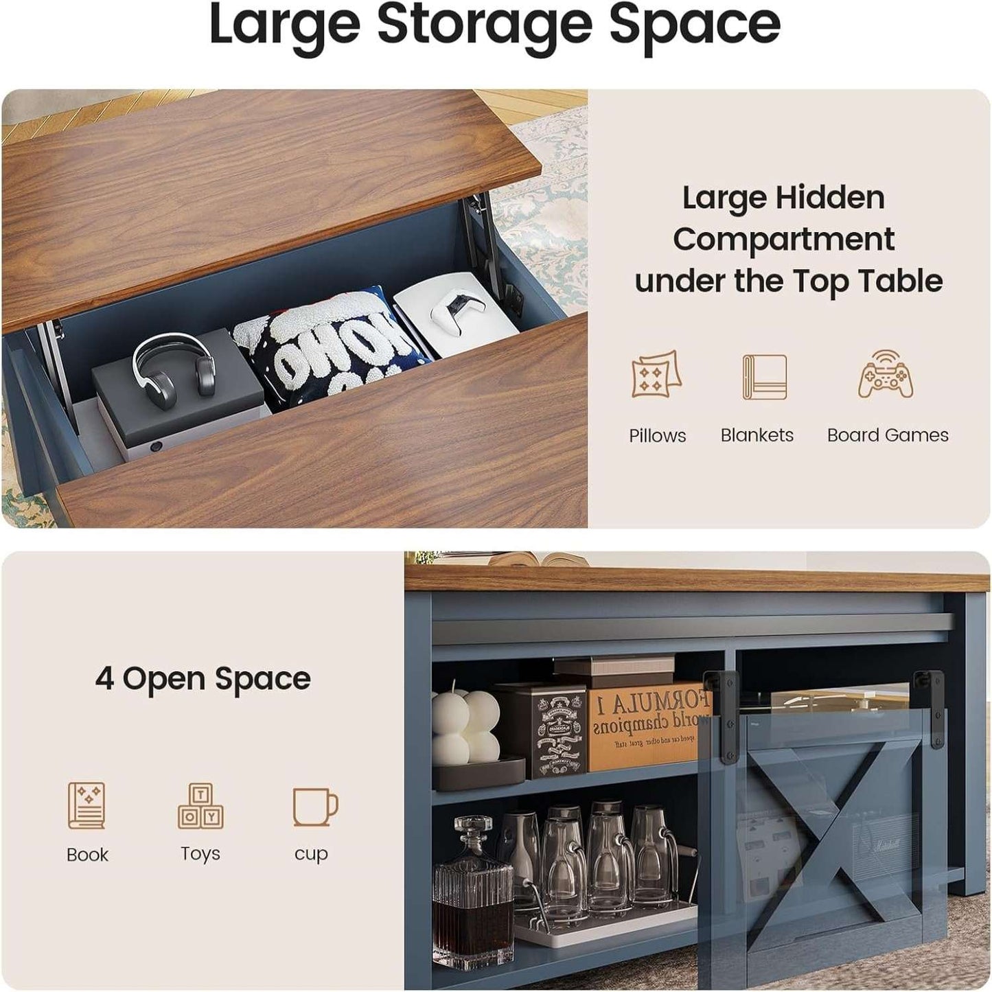 31.5 Inches Lift Top Coffee Table with Hidden Storage Blue