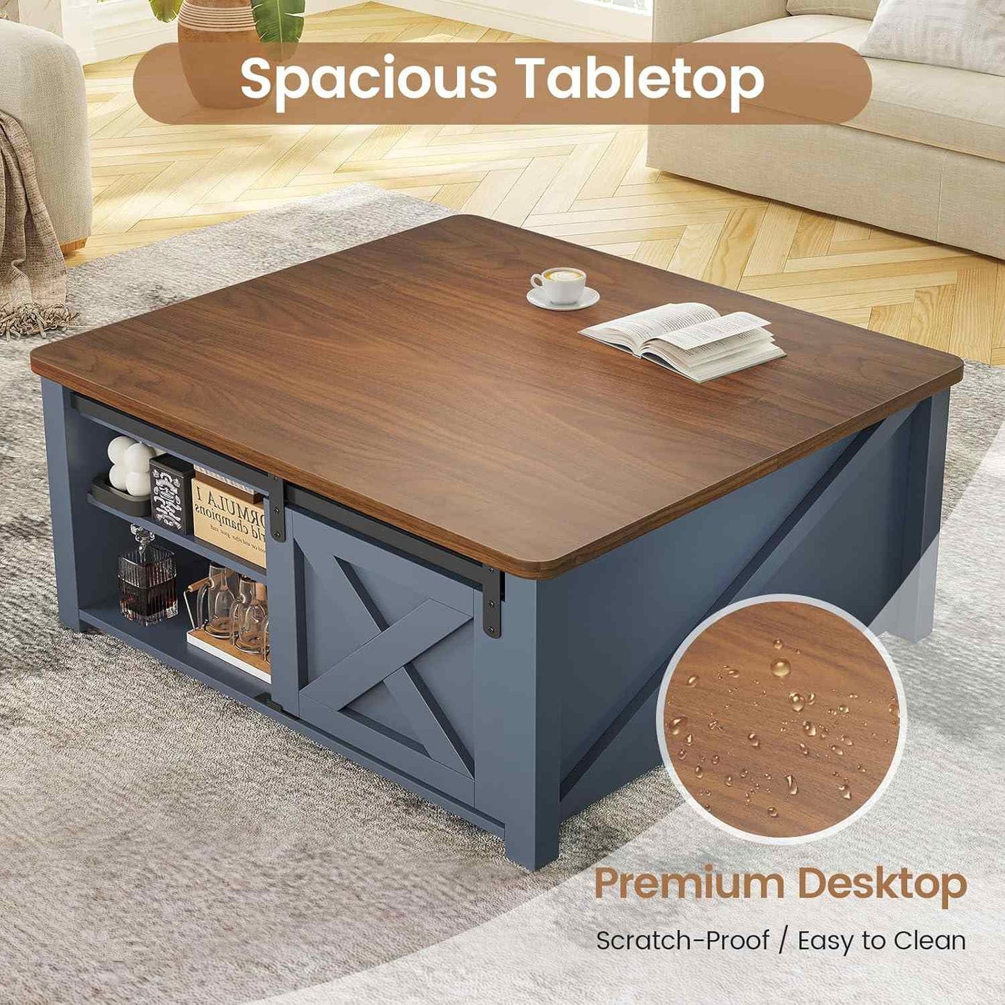 31.5 Inches Lift Top Coffee Table with Hidden Storage Blue