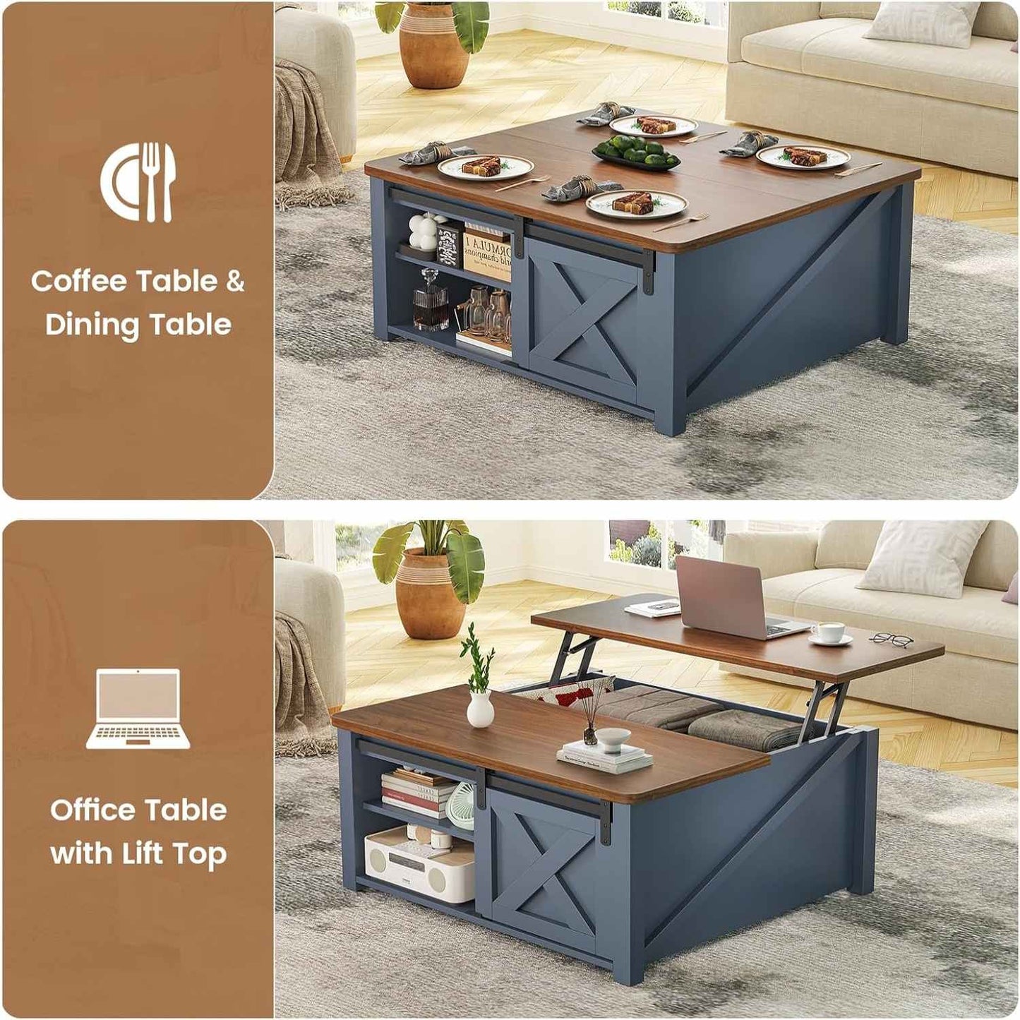 31.5 Inches Lift Top Coffee Table with Hidden Storage Blue