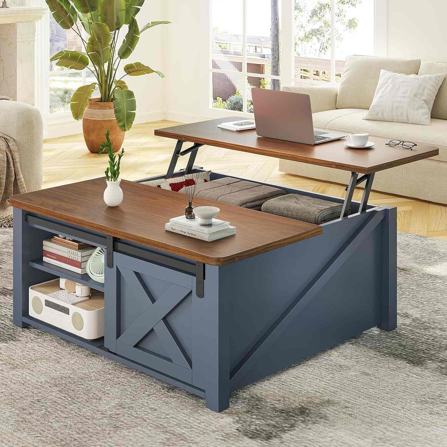 31.5 Inches Lift Top Coffee Table with Hidden Storage Blue