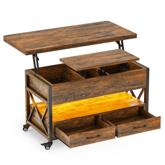 40 Inches Lift Top 4 in 1 LED Coffee Table with 2 Drawers Brown