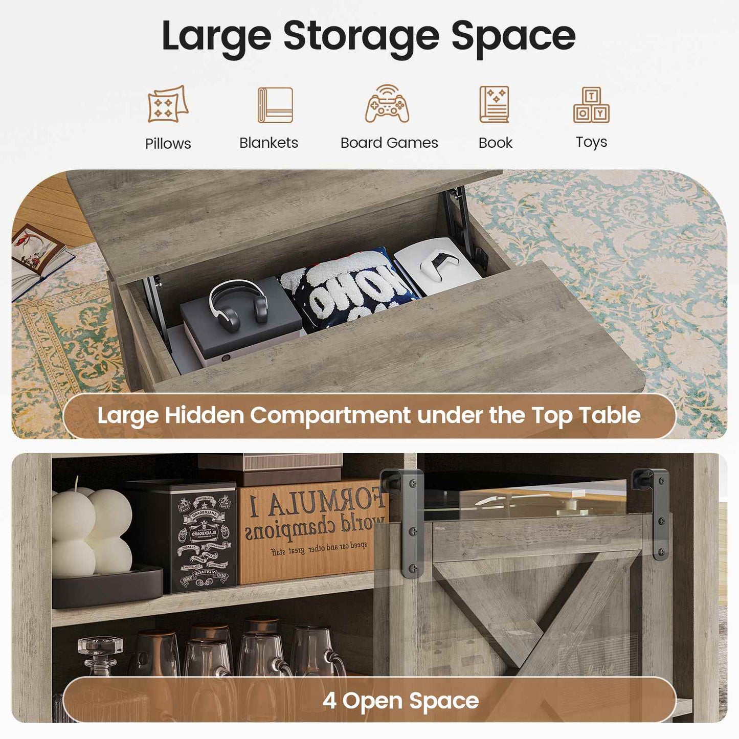 31.5 Inches Lift Top Coffee Table with Hidden Storage Grey