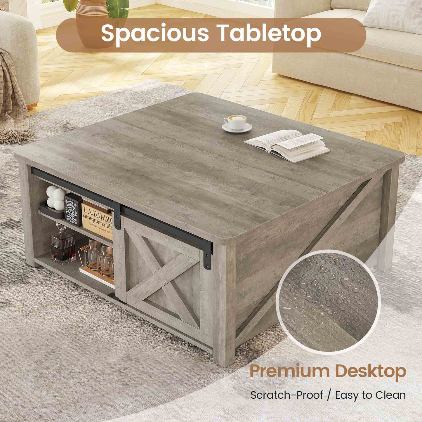 31.5 Inches Lift Top Coffee Table with Hidden Storage Grey