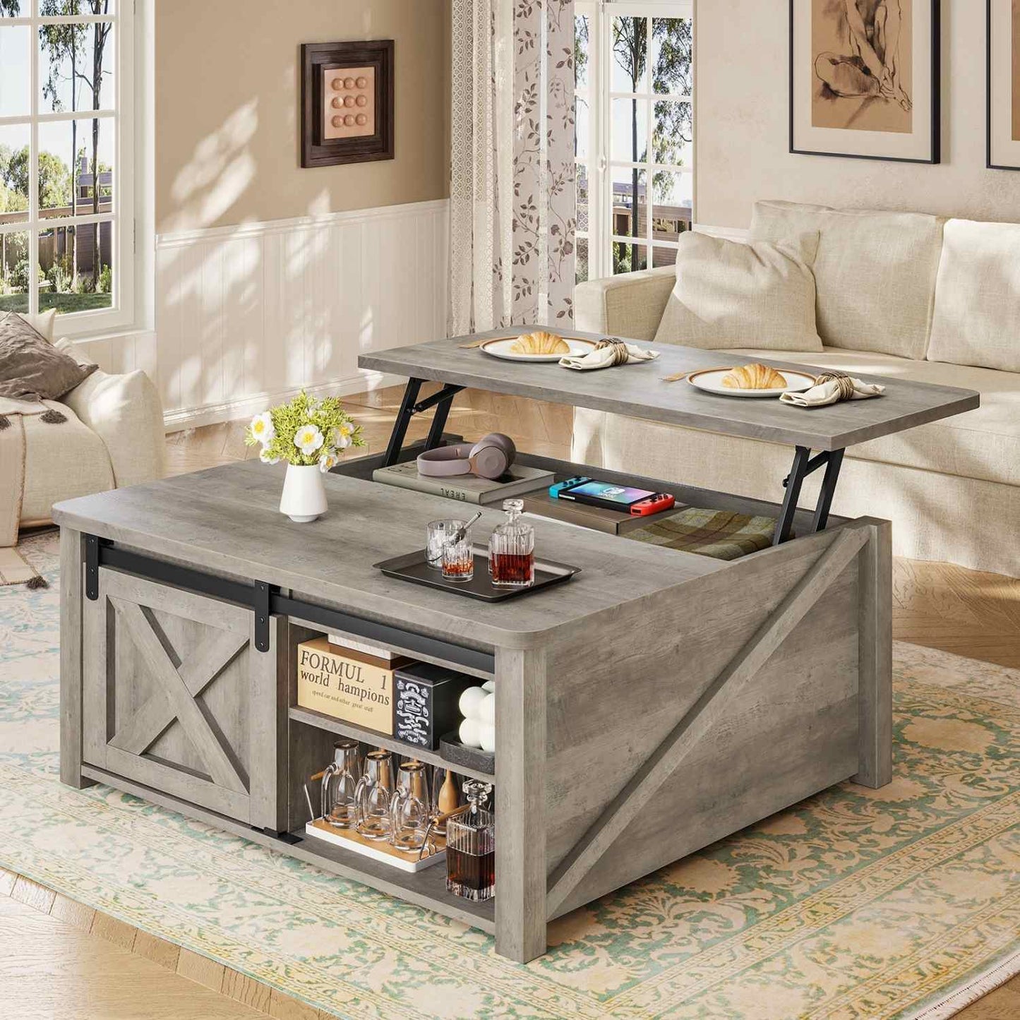 31.5 Inches Lift Top Coffee Table with Hidden Storage Grey