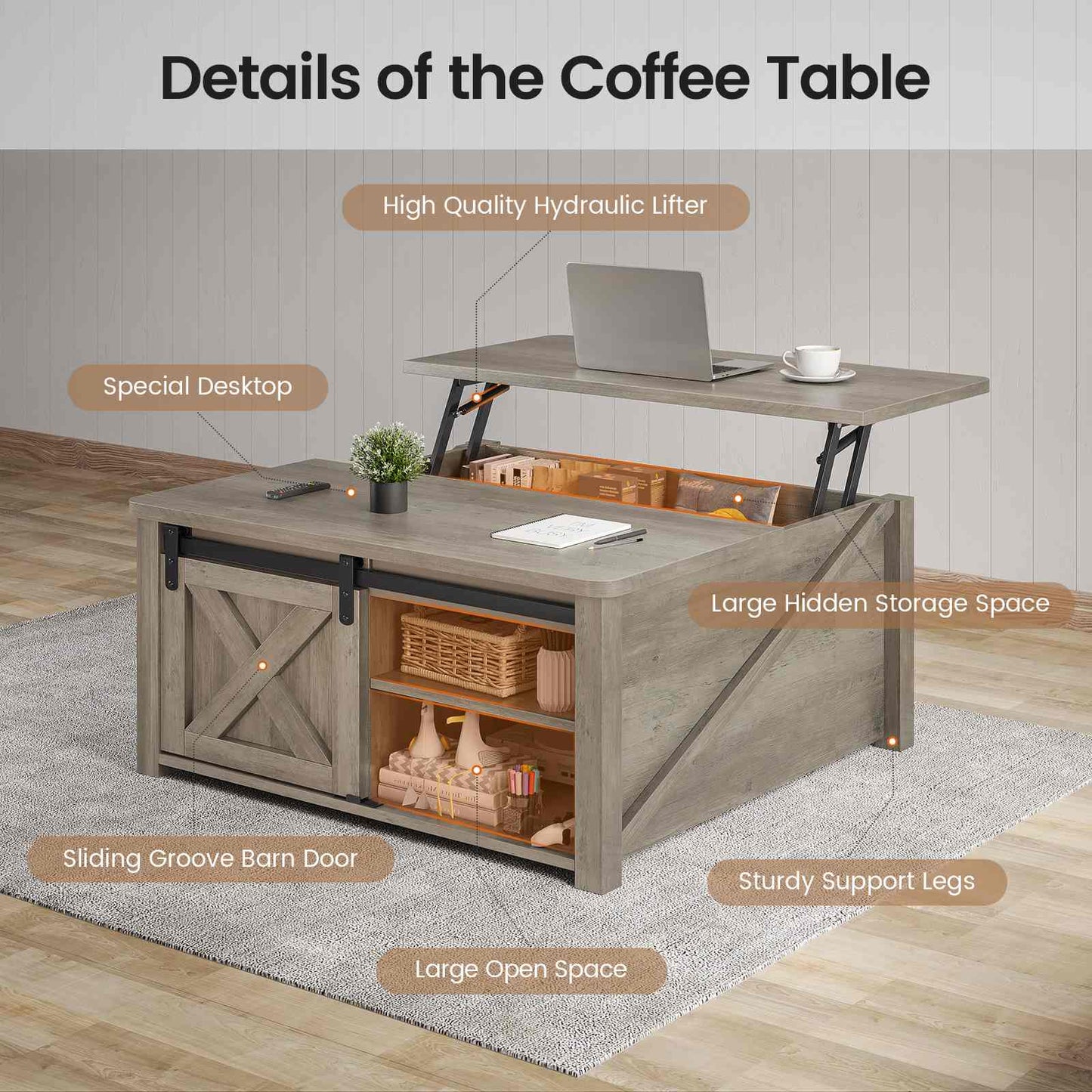 31.5 Inches Lift Top Coffee Table with Hidden Storage Grey