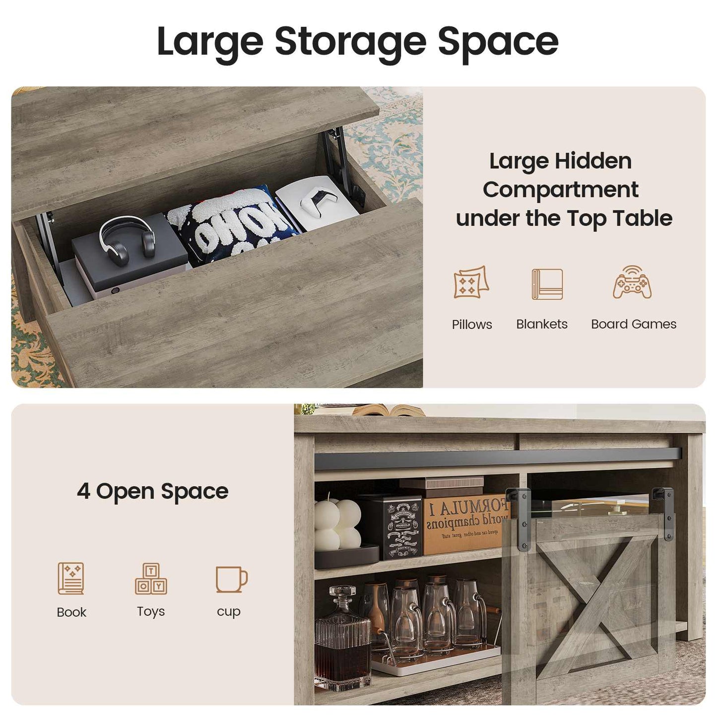 31.5 Inches Lift Top Coffee Table with Hidden Storage Grey