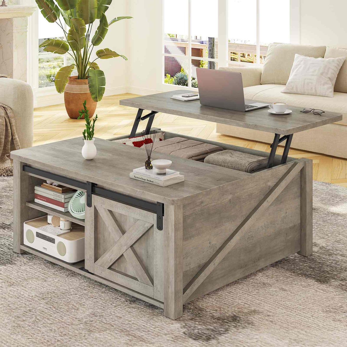 31.5 Inches Lift Top Coffee Table with Hidden Storage Grey