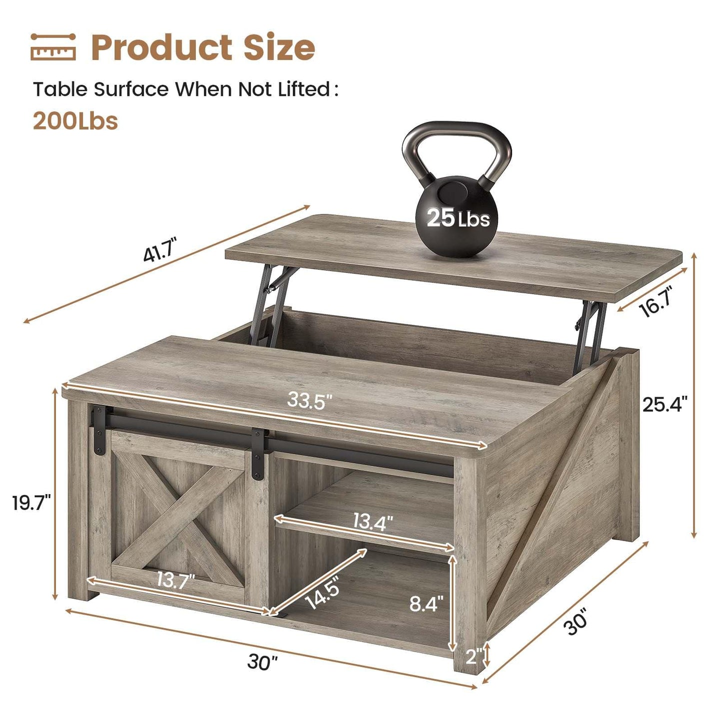 31.5 Inches Lift Top Coffee Table with Hidden Storage Grey