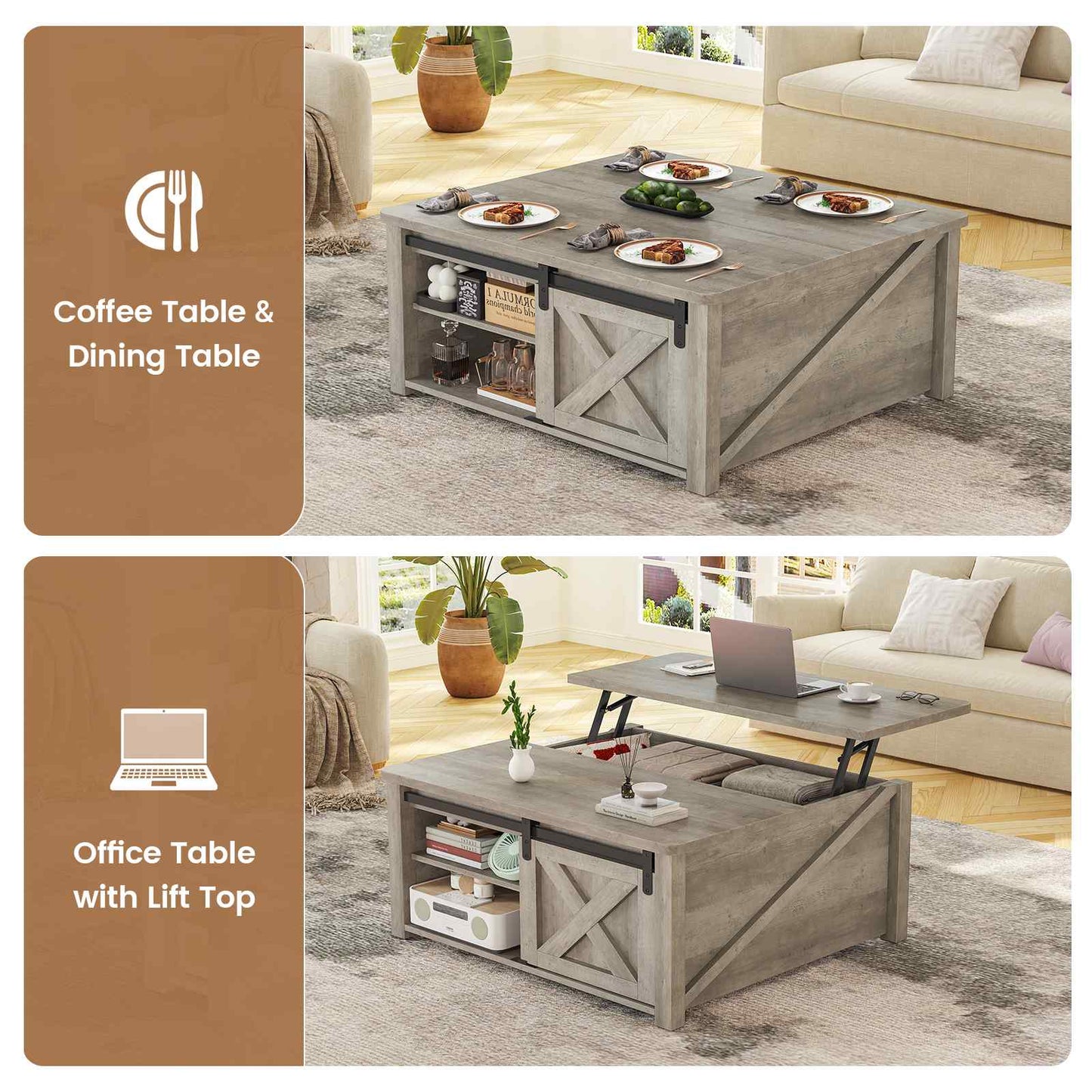 31.5 Inches Lift Top Coffee Table with Hidden Storage Grey