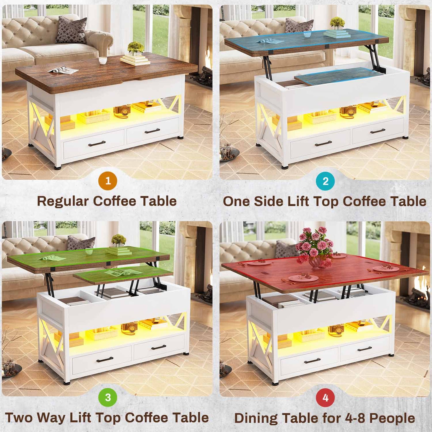 40 Inches Lift Top 4 in 1 LED Coffee Table with 2 Drawers White Brown