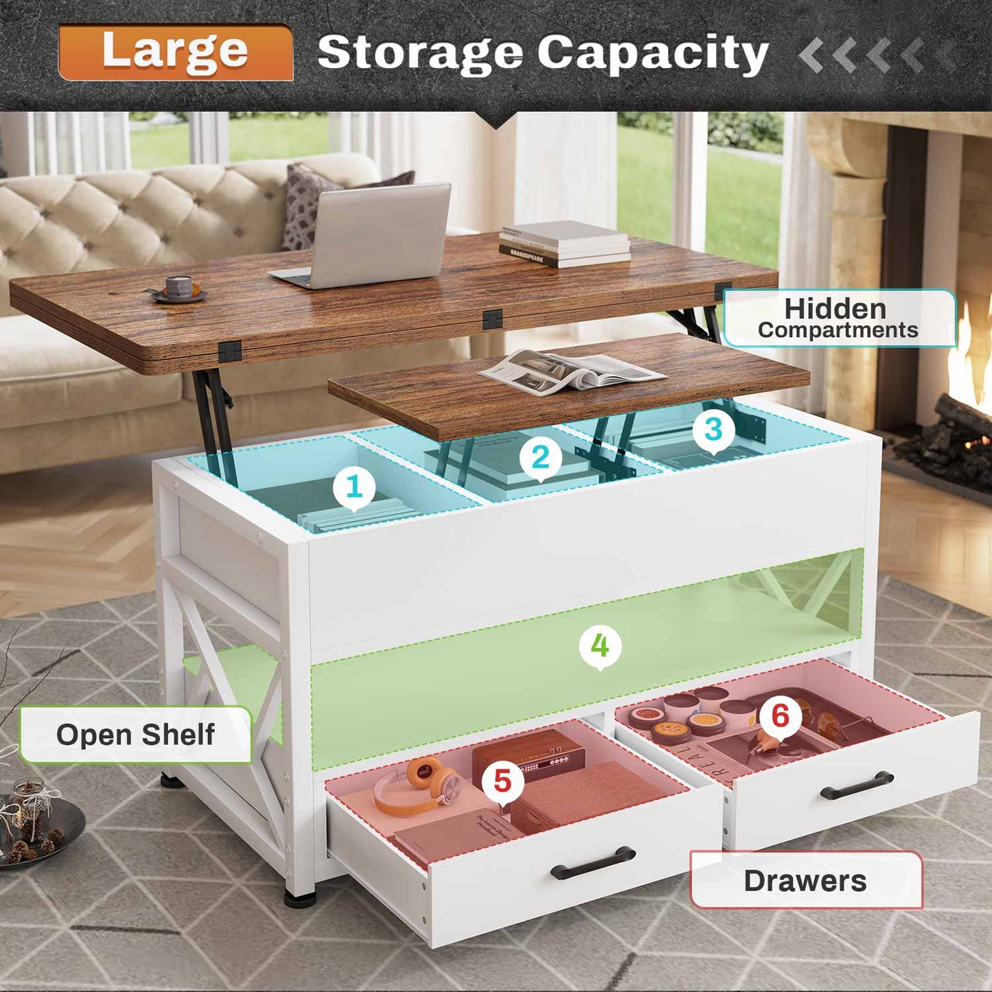 40 Inches Lift Top 4 in 1 LED Coffee Table with 2 Drawers White Brown