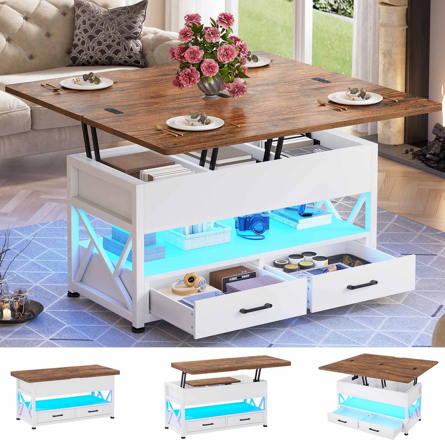 40 Inches Lift Top 4 in 1 LED Coffee Table with 2 Drawers White Brown
