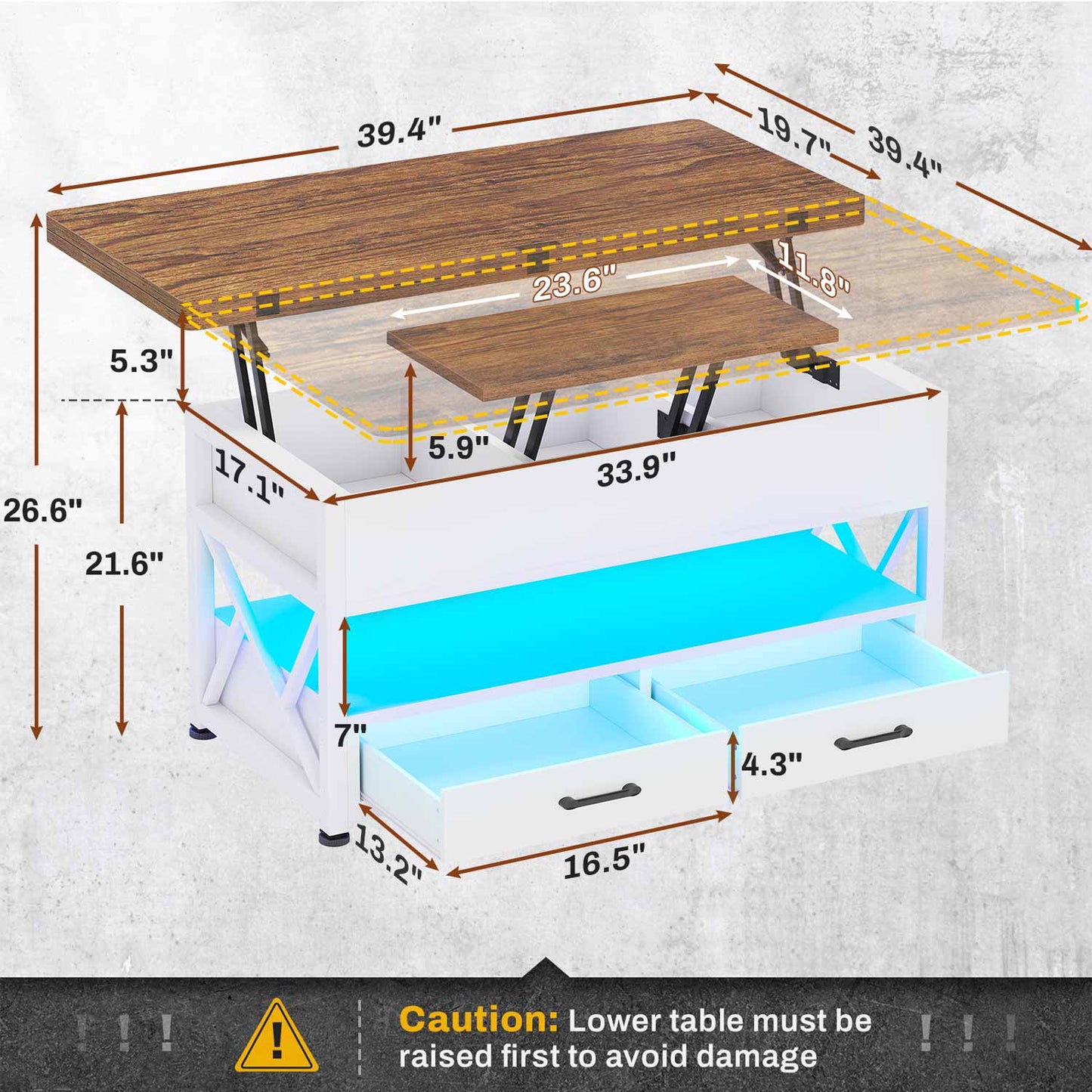 40 Inches Lift Top 4 in 1 LED Coffee Table with 2 Drawers White Brown