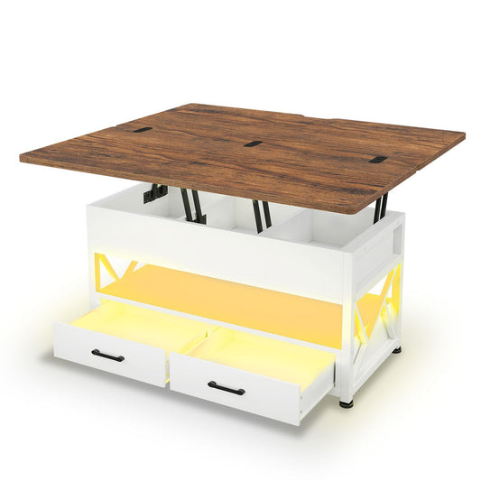 40 Inches Lift Top 4 in 1 LED Coffee Table with 2 Drawers White Brown