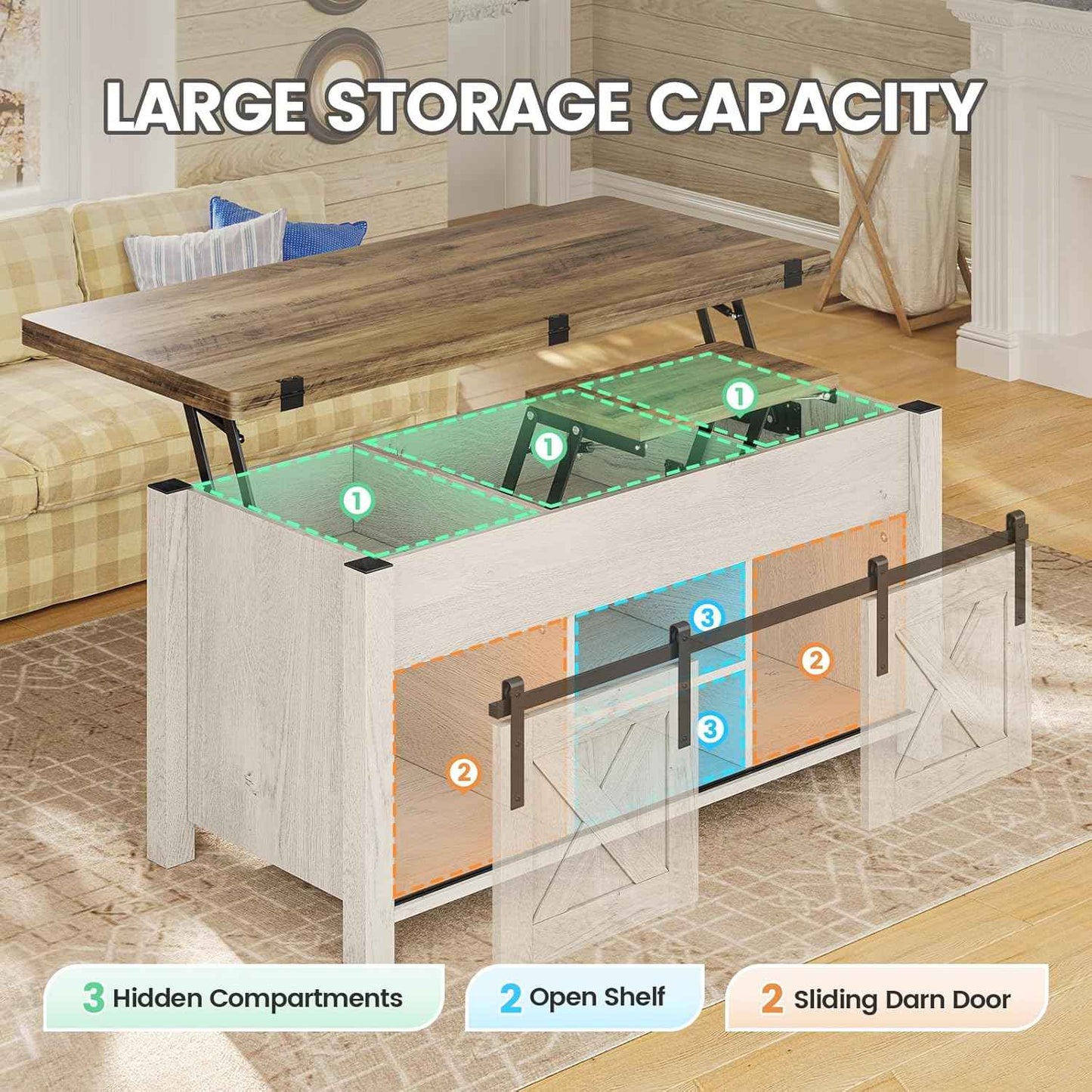 4 in 1 Multi-Function Lift Top Coffee Table with Storage and Hidden Compartment White