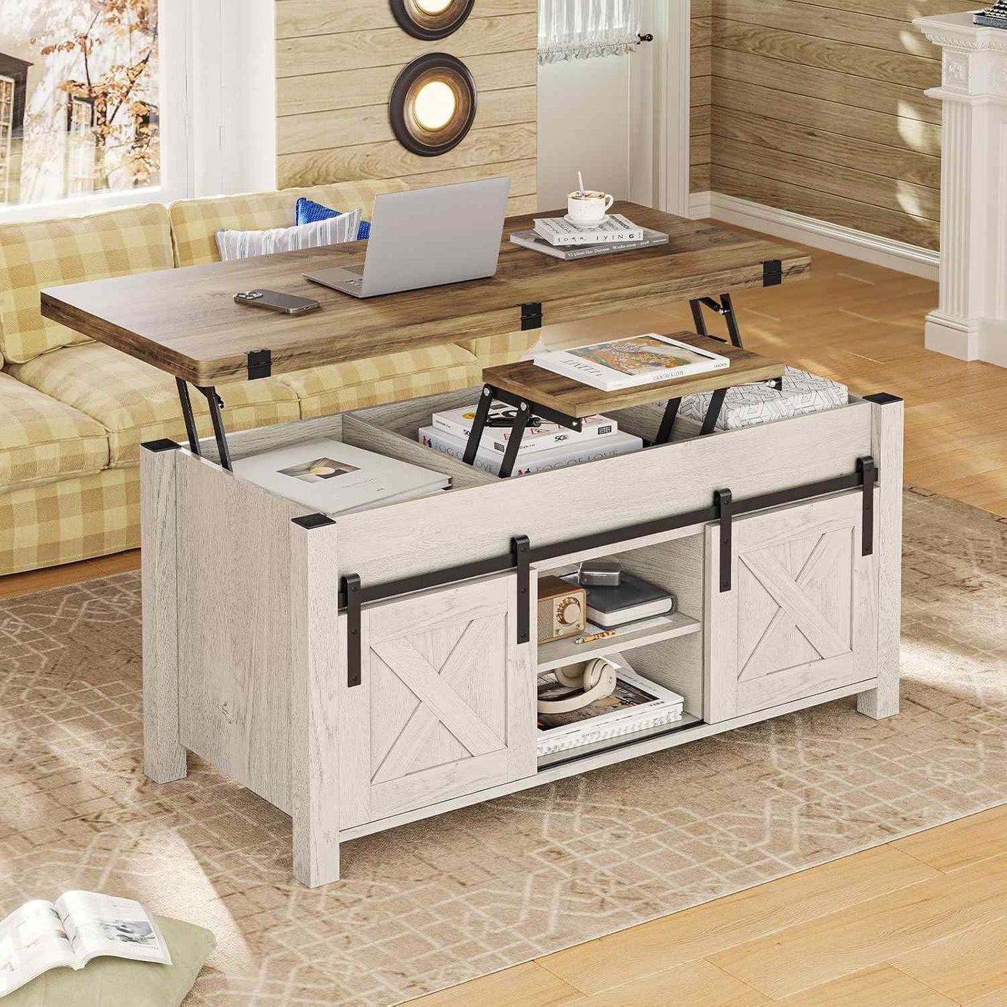 4 in 1 Multi-Function Lift Top Coffee Table with Storage and Hidden Compartment White