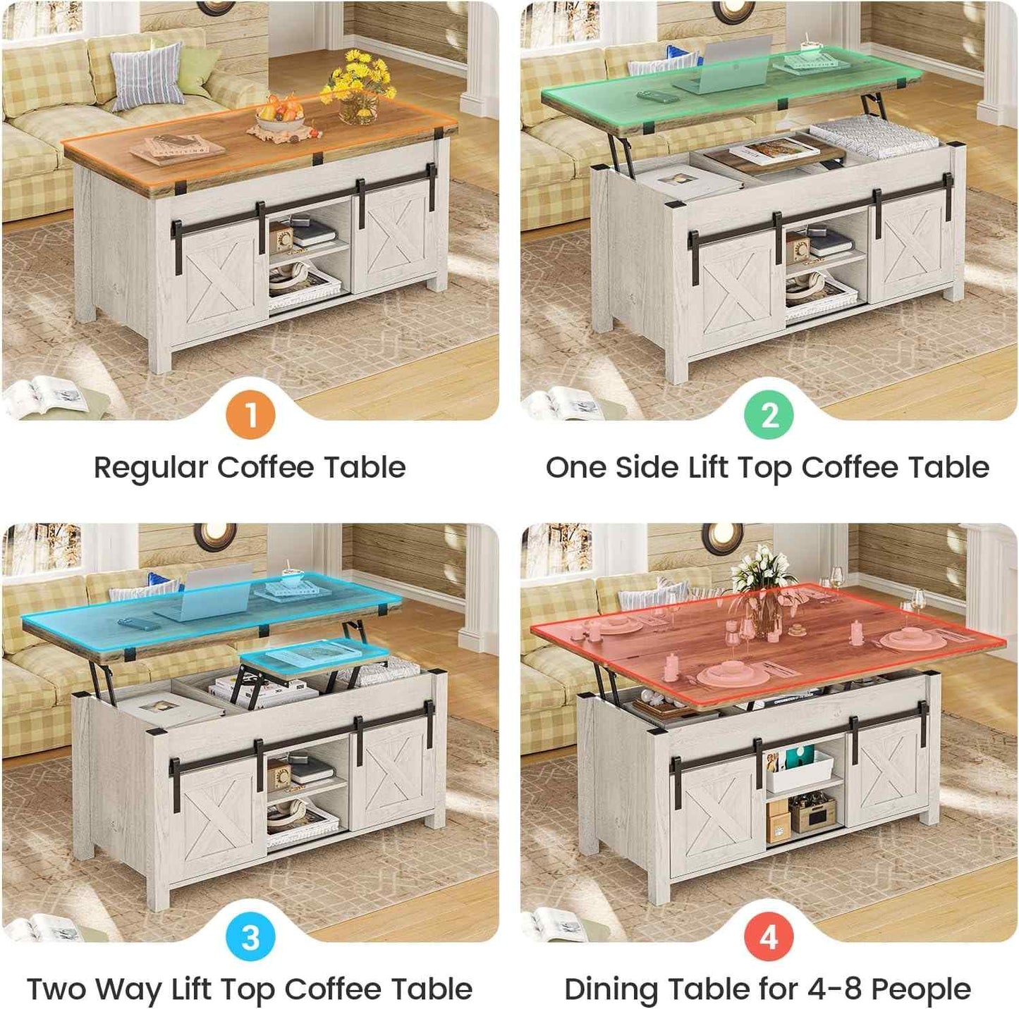 4 in 1 Multi-Function Lift Top Coffee Table with Storage and Hidden Compartment White